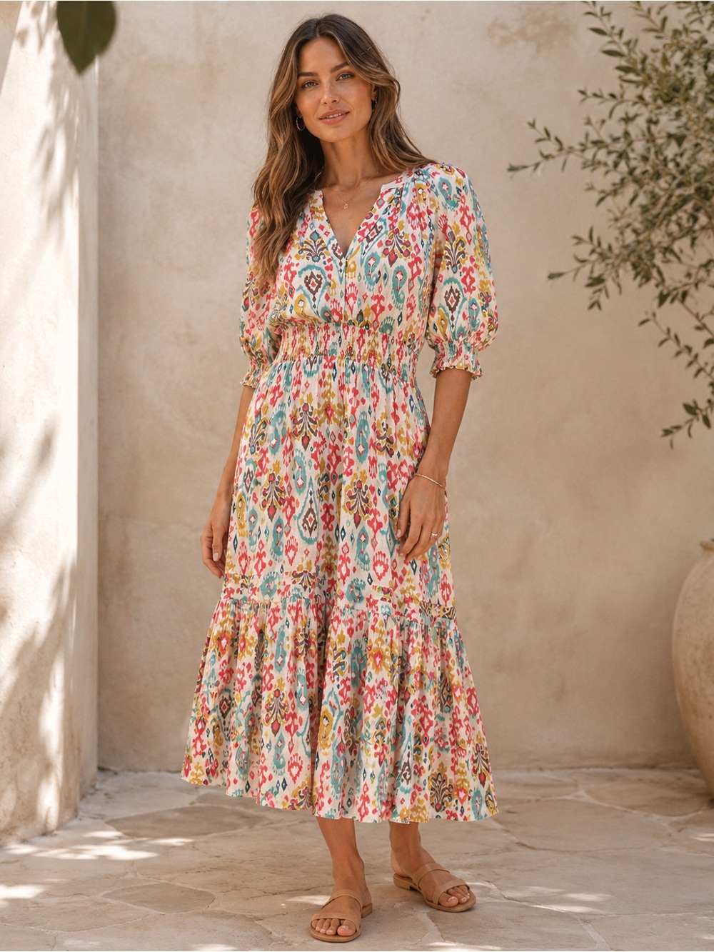 Anthropologie Felipa Maxi Dress Womens XL Multicolor Ikat Smocked Tiered
